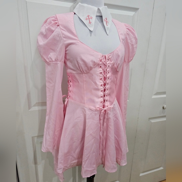 Dolls Kill Pink White Cross Sugar Thrillz Noble Hearted Corset lace up Dress S - Picture 8 of 8